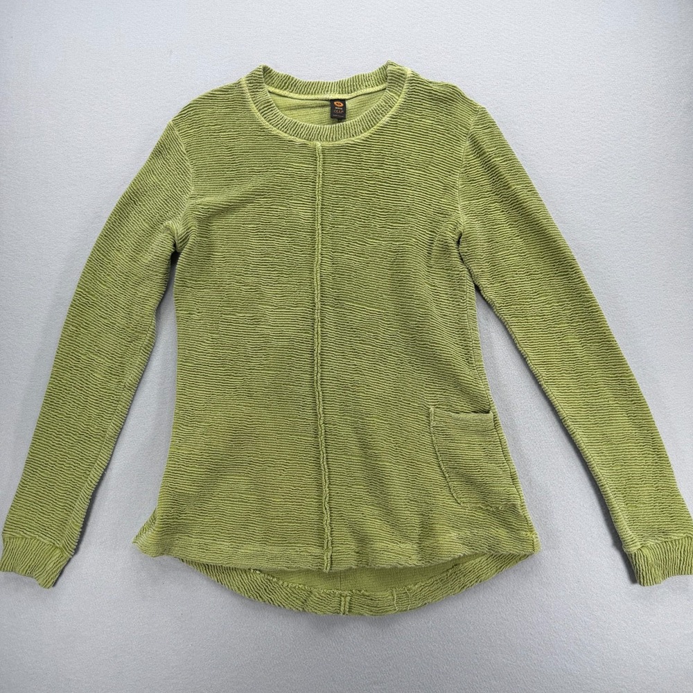 Ojai M Avocado Green Textured Sweater Raw Center Seam 100% Cotton Artsy Comfort